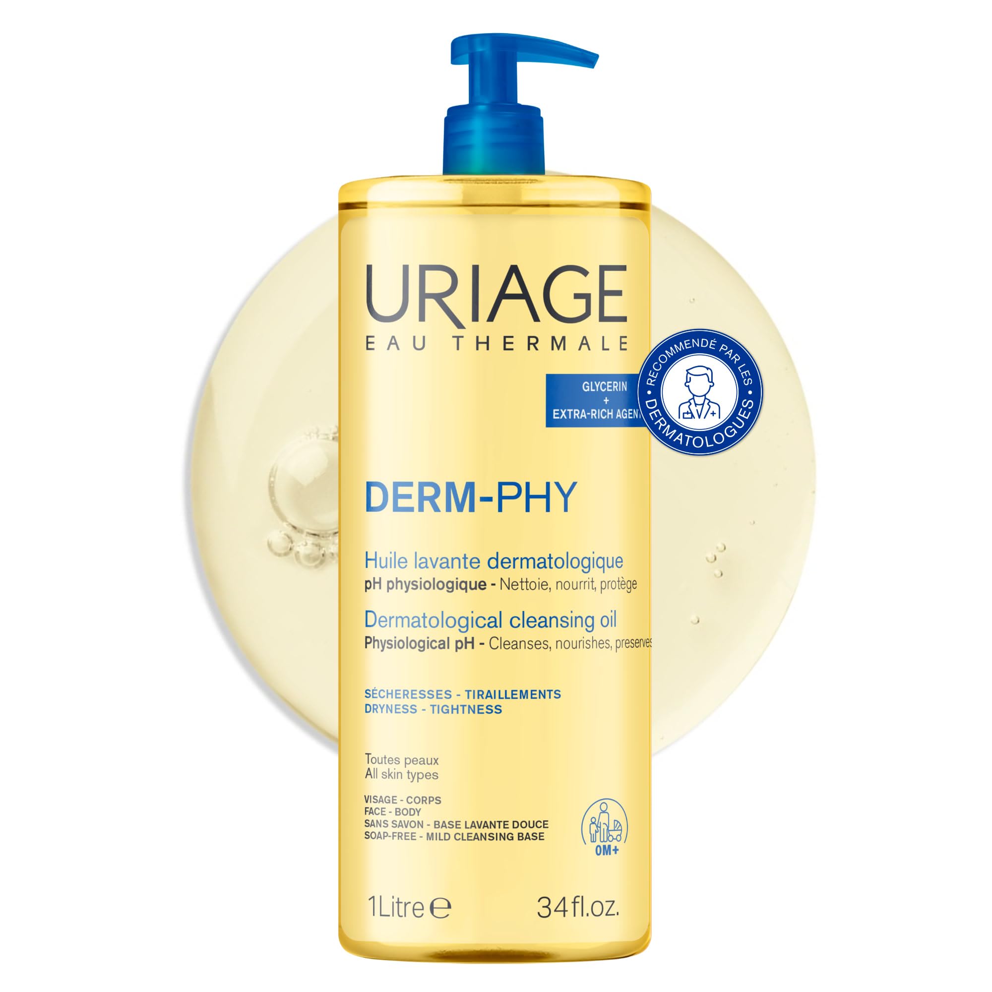 Uriage Derm-Phy Huile de Douche 1L - Nettoyant Visage, Corps - Peaux Sèches, Sensibles - Nettoie, Nourrit, Prévient le Dessèchement - 25% Glycérine, Agents Extra-Riches - pH Physiologique - Sans Savon