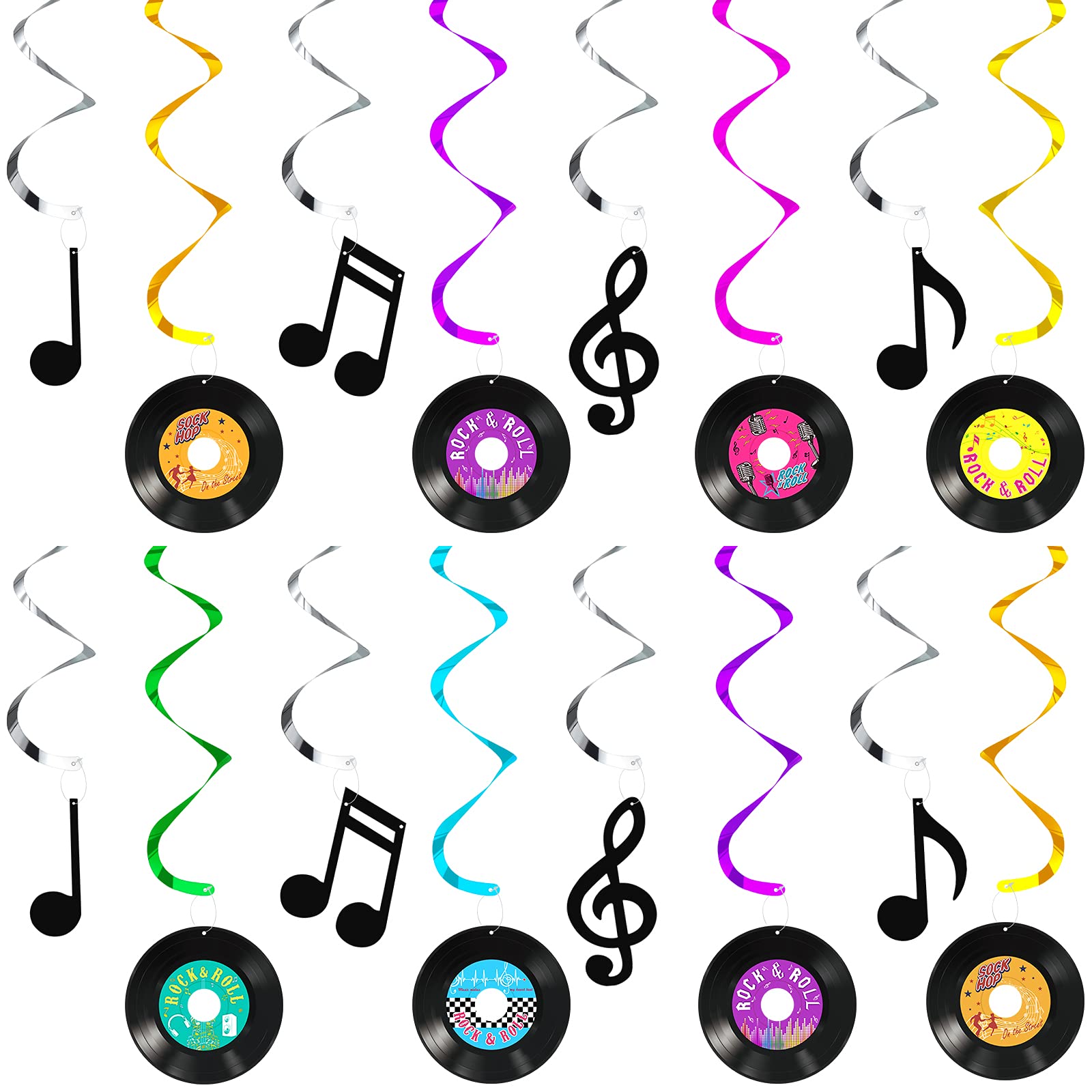 24 Pieces Musical Note Record Hanging Swirls Record and Music Wall Decor Sign with Hanging Swirls Ceiling Decorations for 50's Theme Music Party