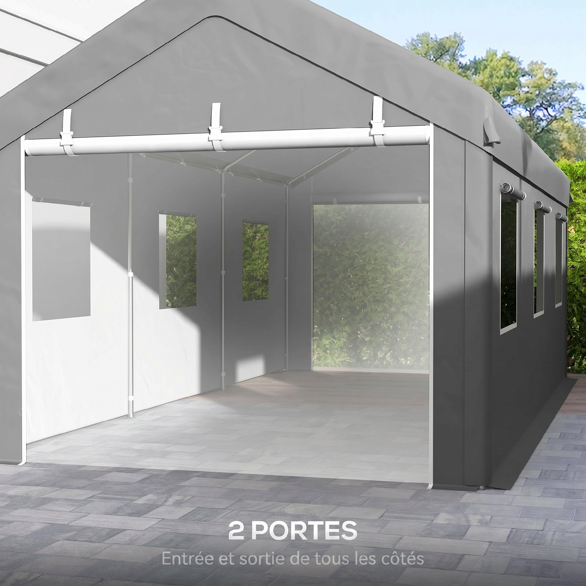 Outsunny Tente Garage carport dim. 6L x 2,95l x 2,78H m Acier galvanisé Robuste PE Haute densité 160 g/m² imperméable Anti-UV, 2 Portes enroulables et 6 fenêtres