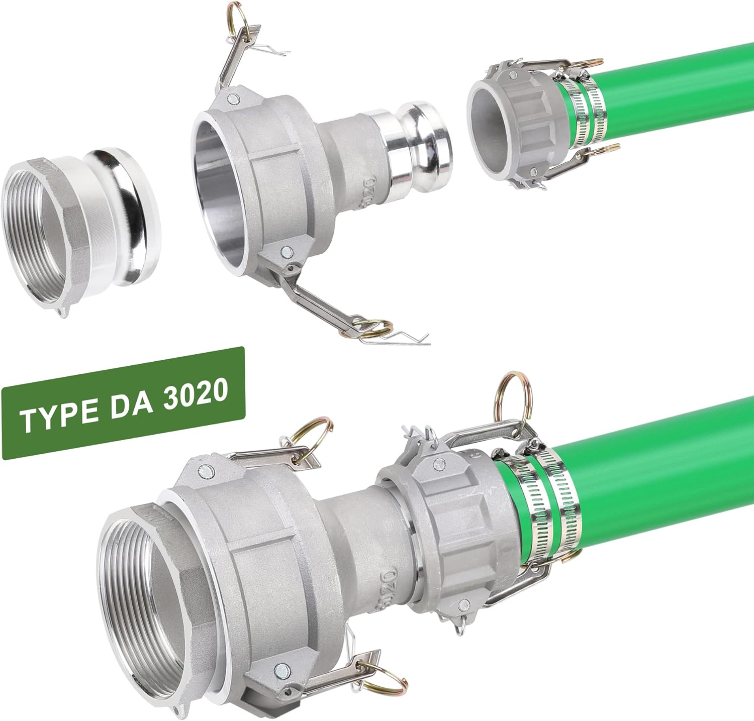 Camlock Fittings Type DA 3’’ Female Camlock × 2’’ Male Camlock Cam and Groove Hose Fittings, Aluminum Material, Reducer, 125PSI