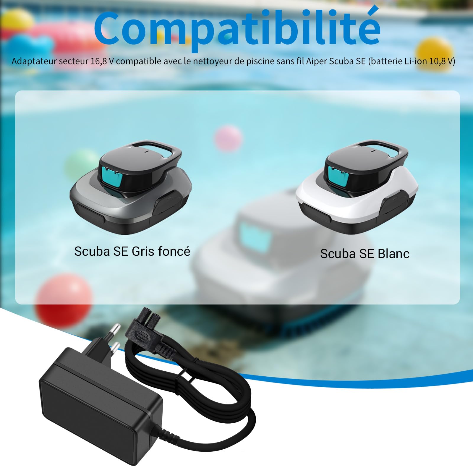 12,6V Chargeur Adaptateur Compatible avec Aiper Scuba SE Nettoyeur de Piscine sans Fil Chargeur pour Batterie Li-ION 10,8 V Nettoyeur Automatique de Piscine 5,9FT Câble de Recharge