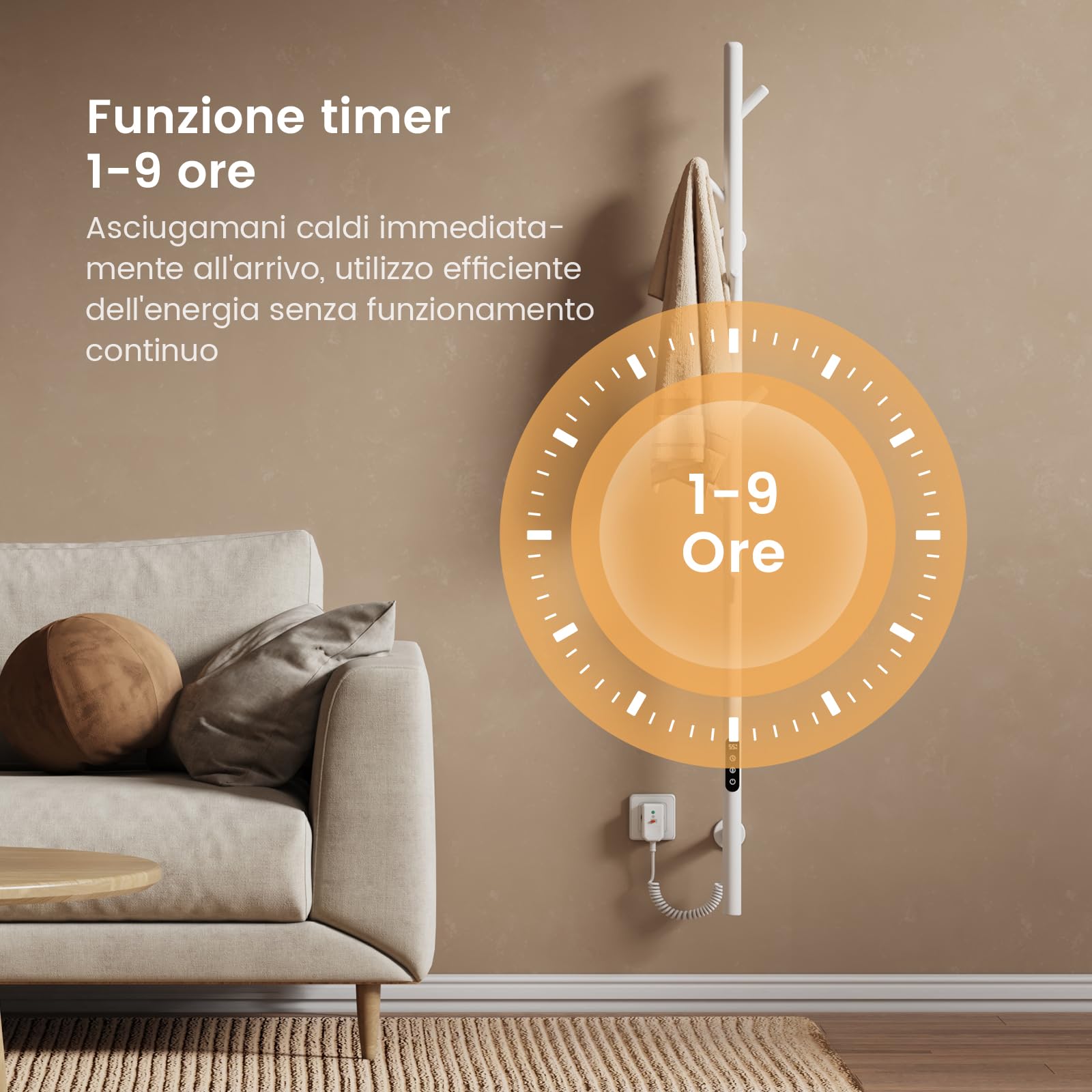 EMKE Scaldasalviette Elettrico da bagno, termostato intelligente WiFi, scaldasalviette elettrico a barra singola, 150 cm di altezza, Bianco