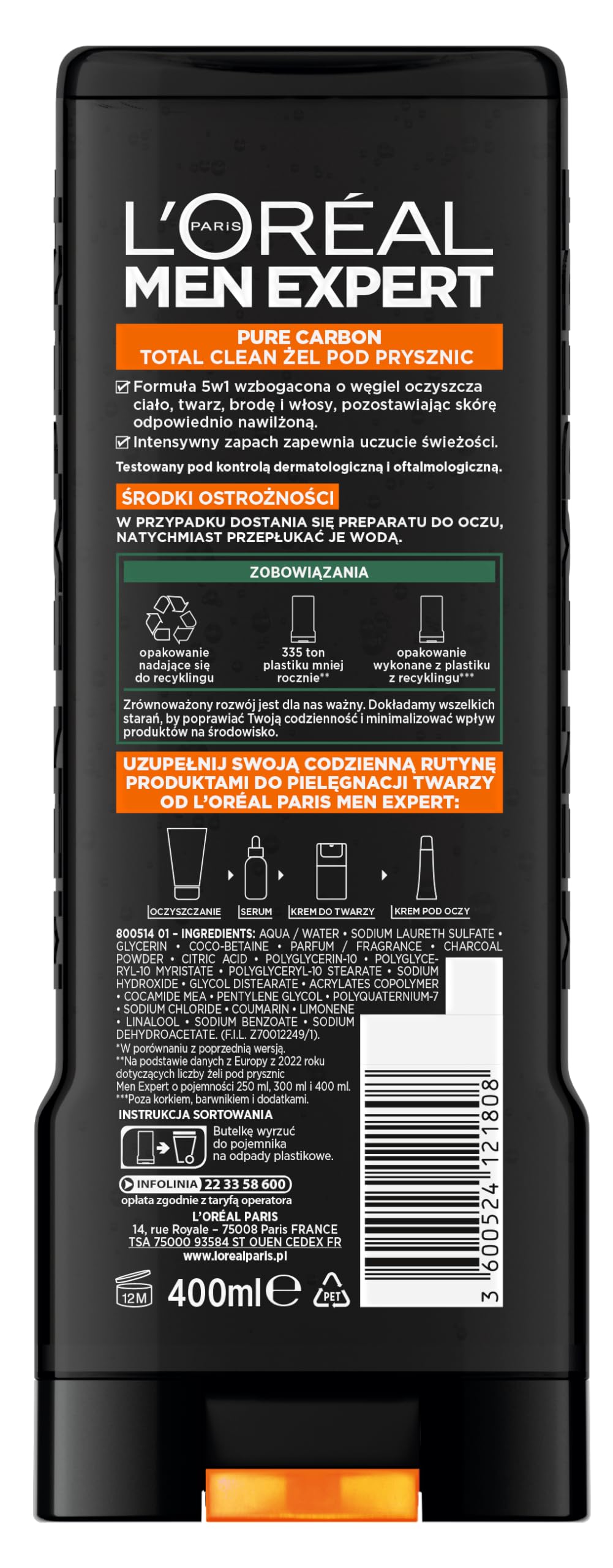 L'Oréal Paris Men Expert, Żel pod prysznic, Total Clean, 400 ml