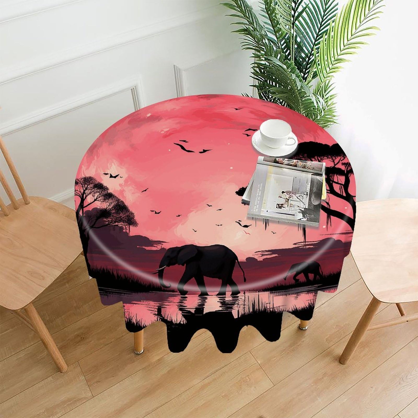 FekiLoot Pink Moon Elephant Round Tablecloth Cover 60 Inch Wrinkle Free Washable Polyester Fabric Table Cover Decorative Round Table Cloth for Home Dining Kitchen Party Farmhouse