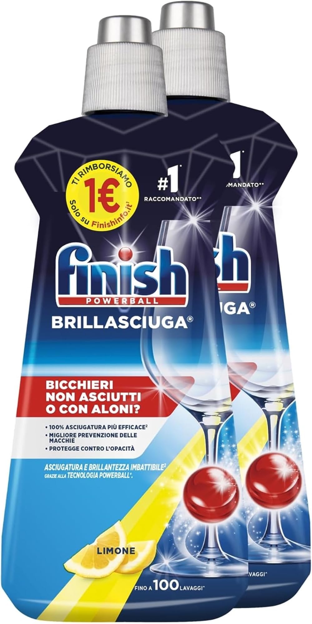 Finish Brillantante Lavastoviglie, Additivo Lavastoviglie, Lemon, 500 ml (Confezione da 2 Brillasciuga). Rimborso di 2€, ovvero sia 1€ per ogni prodotto con il bollino acquistato