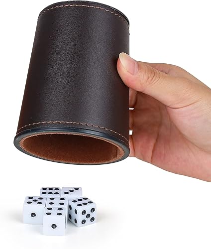 Miniatura 5 de RERIVER Juego de dados de piel sintética con forro de fieltro, 6 tazas silenciosas con 36 dados para juegos de dados Yahtzee Farkle, café
