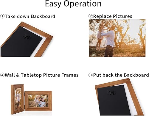 Miniatura 8 de Portarretratos de madera doble con bisagras de 5 x 7 pulgadas, vertical y horizontal, en veta de madera envejecida, pantalla de 4 x 6 pulgadas con