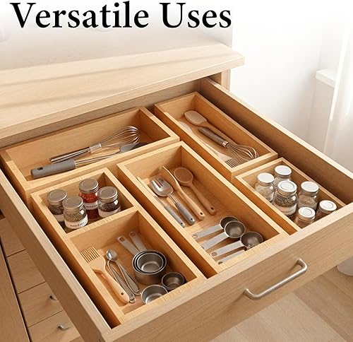 Miniatura 7 de Organizador de cajones de bambú, 5 piezas para cocina, divisores de almacenamiento multiusos para cocina, oficina, joyas, cosméticos, separadores de