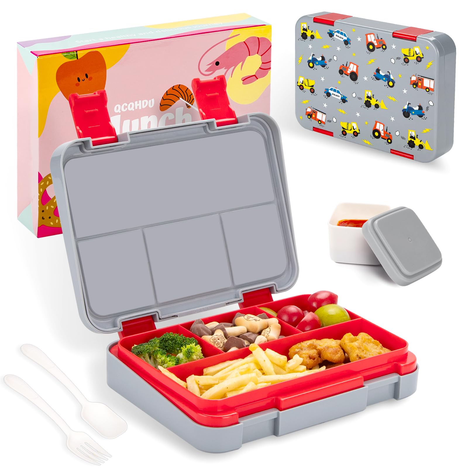 QCQHDU Children's Lunch Box with 5 Compartments - Lunch Box with Dividers, 1300 ml Bento Box for School, Nursery, Outdoor, Leakproof, Dishwasher Safe, BPA-Free, Food Container with Cutlery