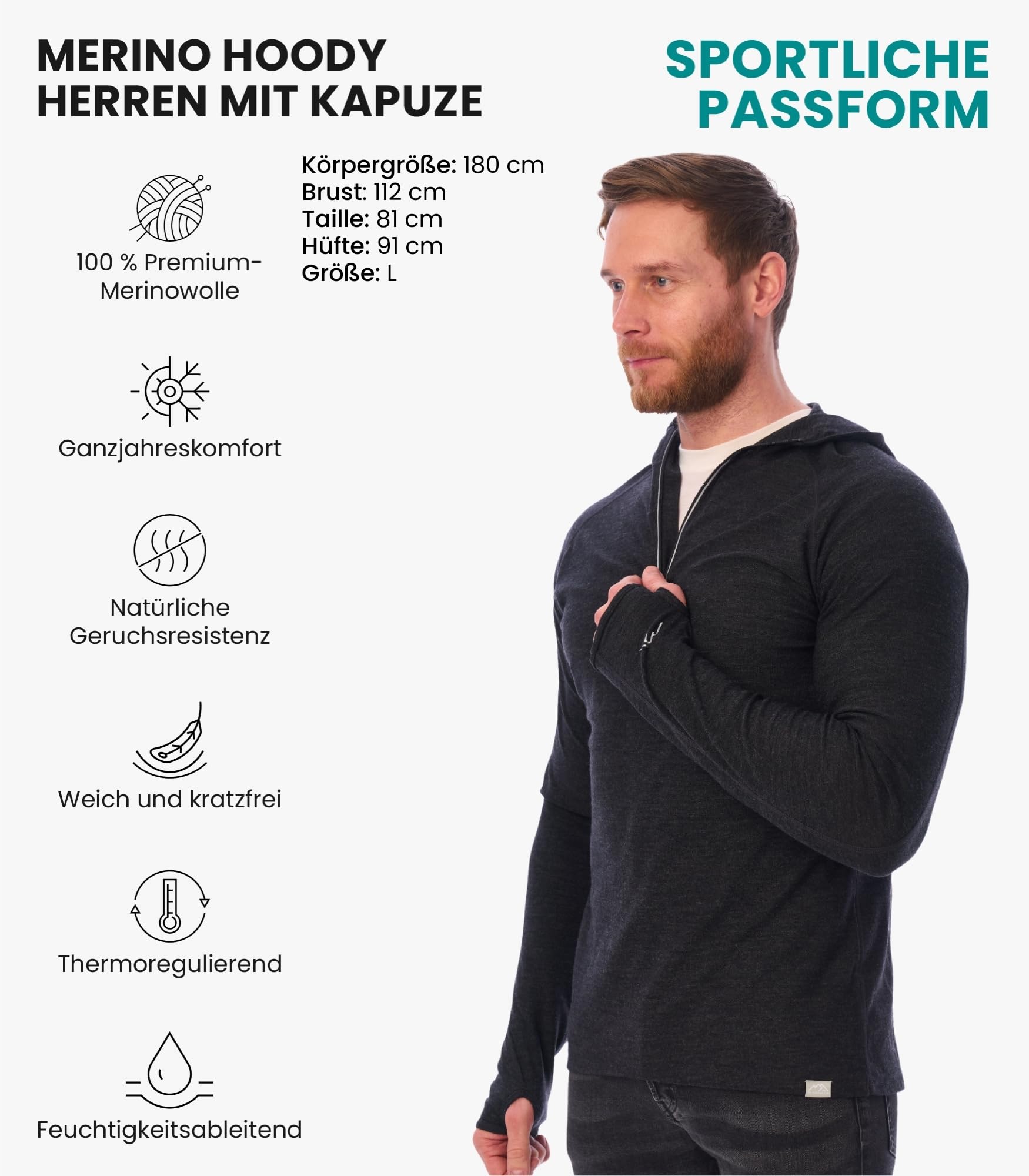 Merino.tech 100% Merino Hoody Herren mit Kapuze – Thermoshirt Hoodies für Männer aus Merinowolle, Kapuzenpullover für Herren