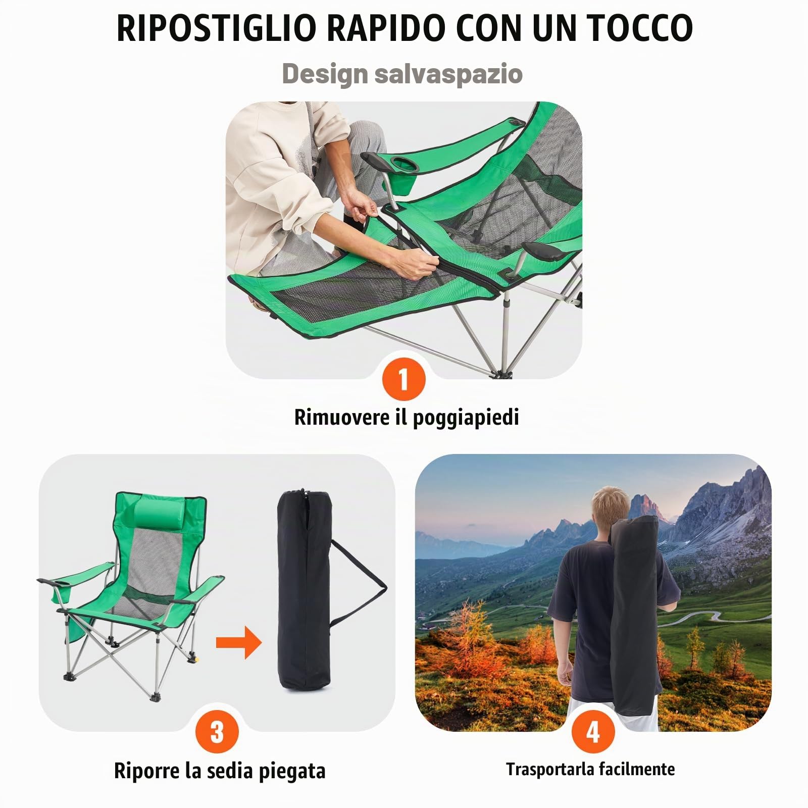 VEVOR Sedia da Campeggio Reclinabile, Carico di 149,69 kg Sedia da Campeggio Portatile Pieghevole a 4 Posizioni, con Poggiapiedi, Portabicchieri, Tasca Laterale e Poggiatesta, per Campeggio, Verde