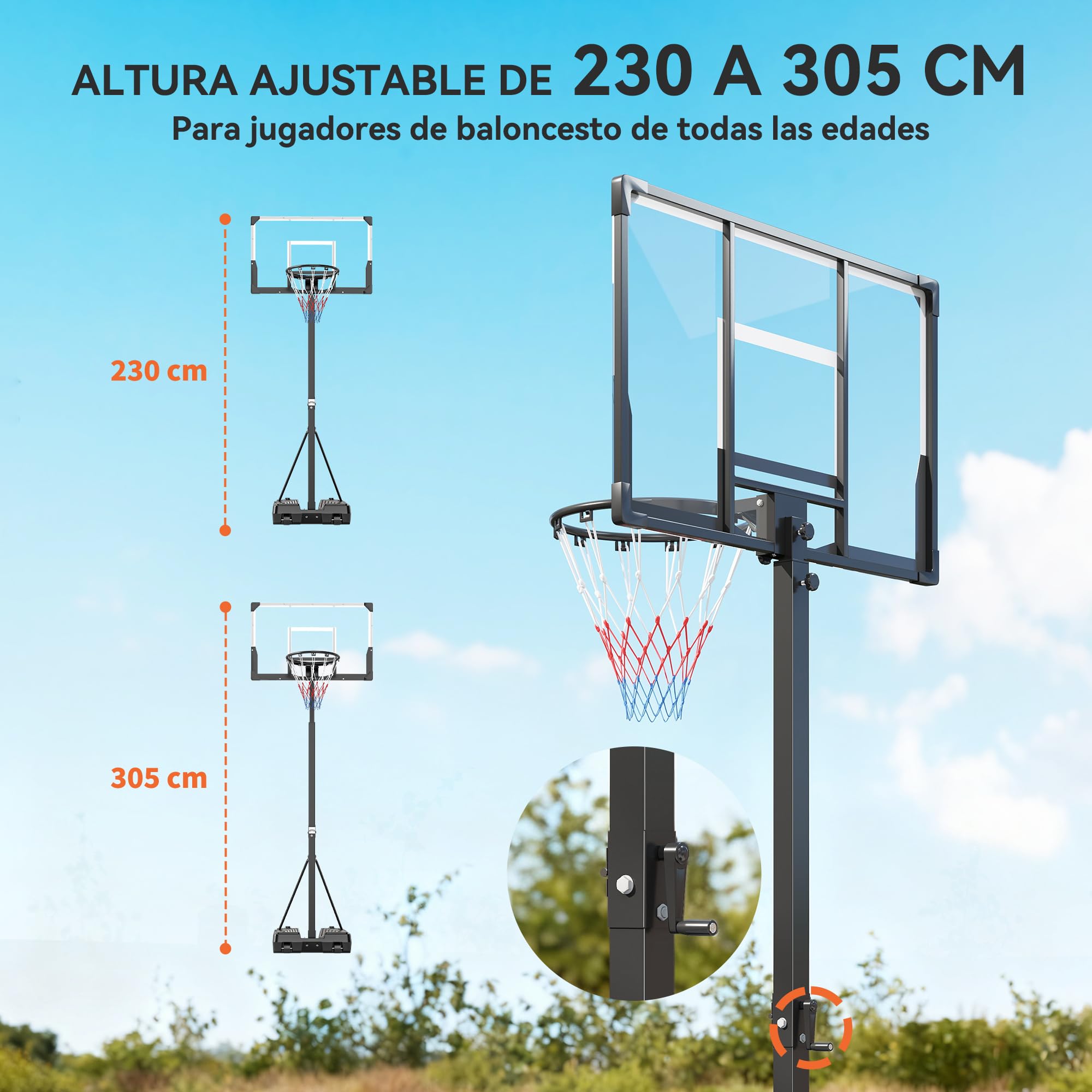 SPORTNOW Canasta de Baloncesto para Exterior, Altura Ajustable 230-305 cm, Canasta de Baloncesto Portátil con Marco Plegable, Tablero Irrompible, Ruedas y Base Rellenable, para Adolescentes y Adultos