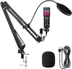 Microfone Condensador RGB, Microfone de Mesa, Microfone Gamer – Com Cancelamento de Ruído, Conexão USB Plug-and-Play, Controle de Volume e Eco, Braço Articulado – Ideal para Stream, Gravação, Podcast