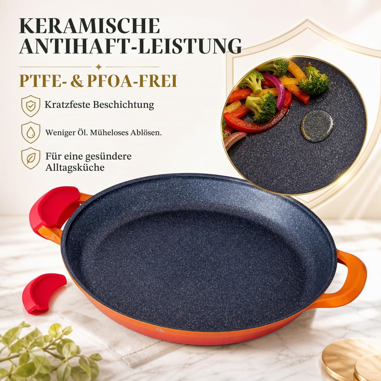 INTIGNIS Professionelle Paellapfanne | 40 cm große Bratpfanne | Aluminium | Antihaftbeschichteter Marmor | Frei von Chemikalien | Für alle Induktionsherde, ofenfest