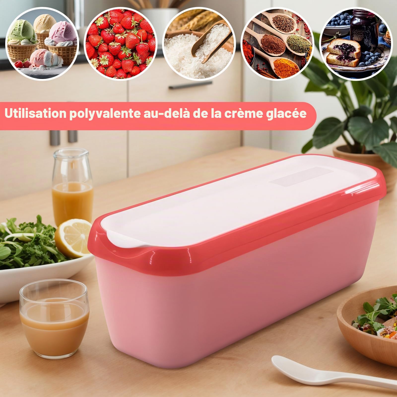 Lot de 2 bac a glace maison, 1,5 L boîte pour glace maison, Récipients Réutilisables pour la Crème Glacée faite Maison, Sans BPA en qualité alimentaire (vert+rouge clair)