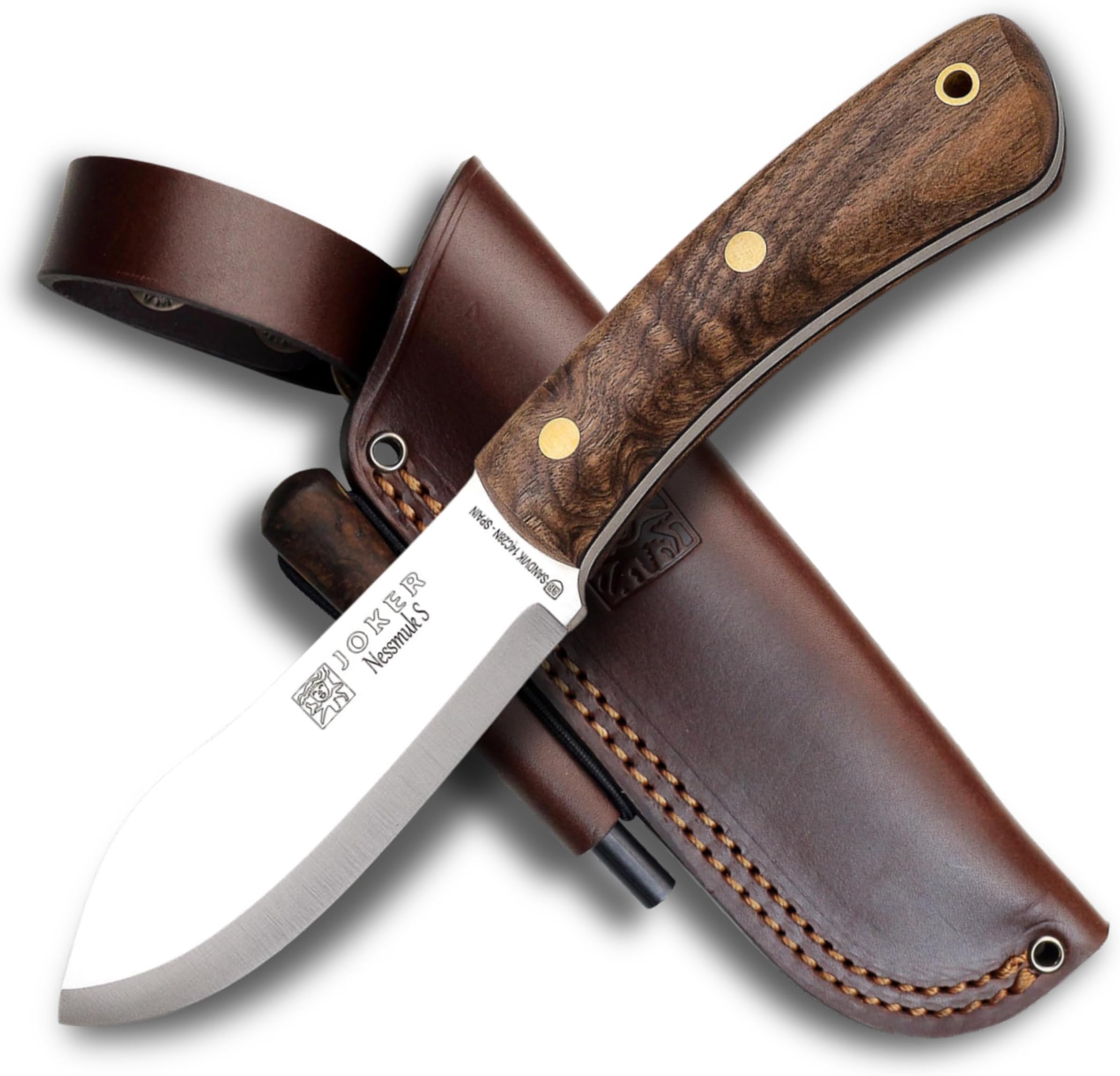 - Joker Knife Nessmuk S 132, 4.3 in. Blade Sandvik 14C28N, Birch and Walnut Handle, Brown Leather Sheath, Fishing, Hunting, Camping and Trekking Tool (Walnut Wood, Leather Sheath With Firestarter)