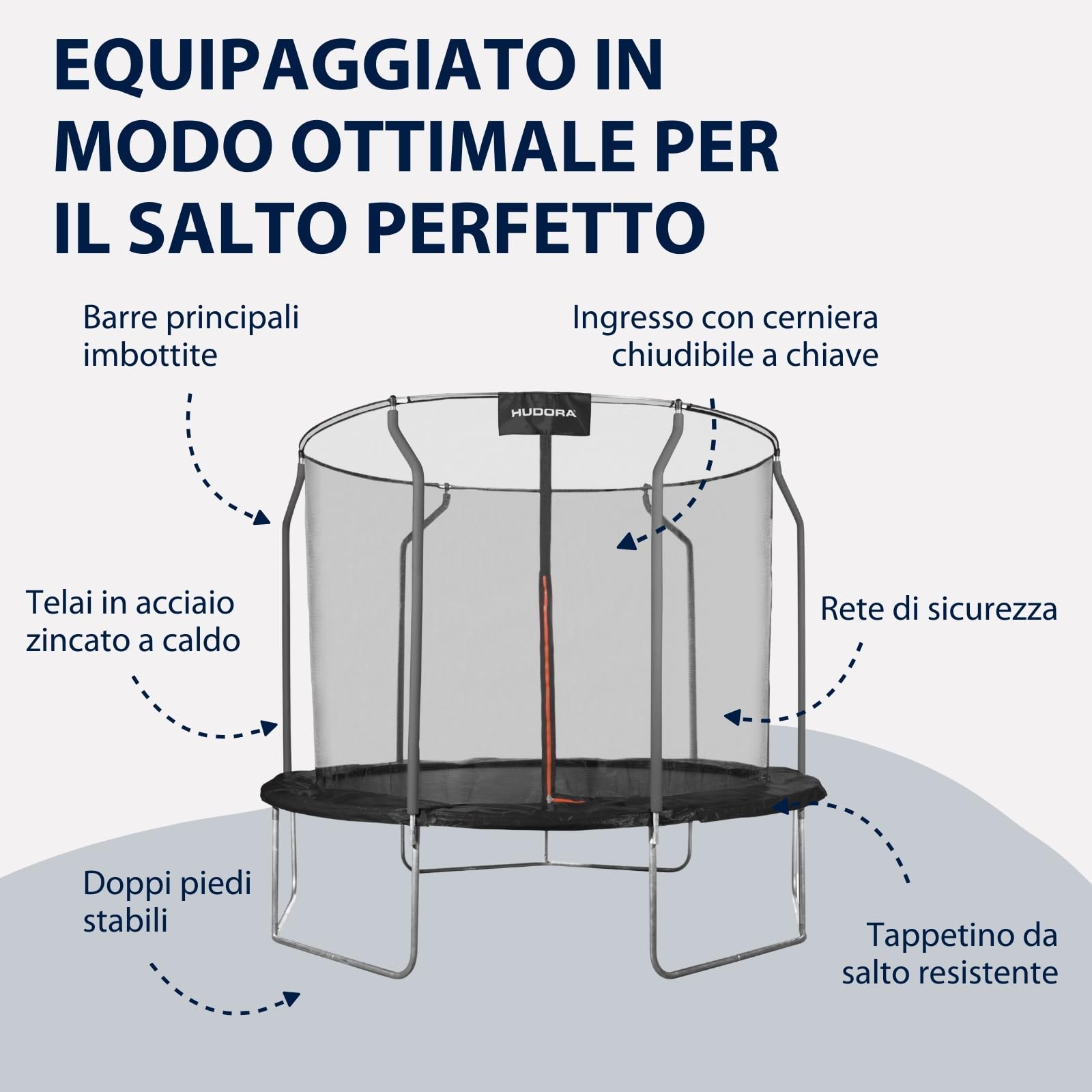 HUDORA Trampolino First 300V - trampolino da esterno con rivestimento dei bordi e rete di sicurezza - trampolino da giardino per bambini e adulti - trampolino di qualità
