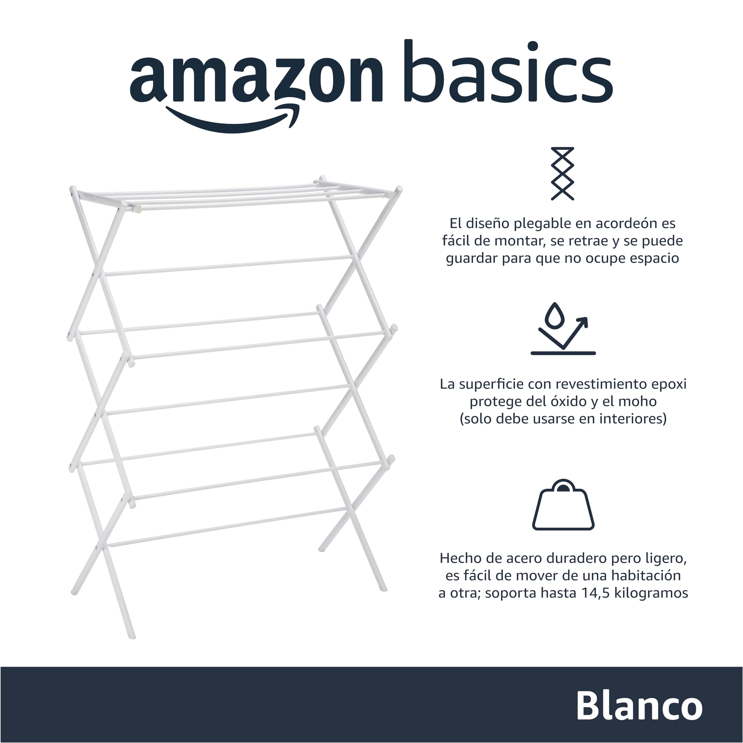 Amazon Basics Tendedero plegable, 14.5" D x 29.5" W x 41.8" H, color blanco.