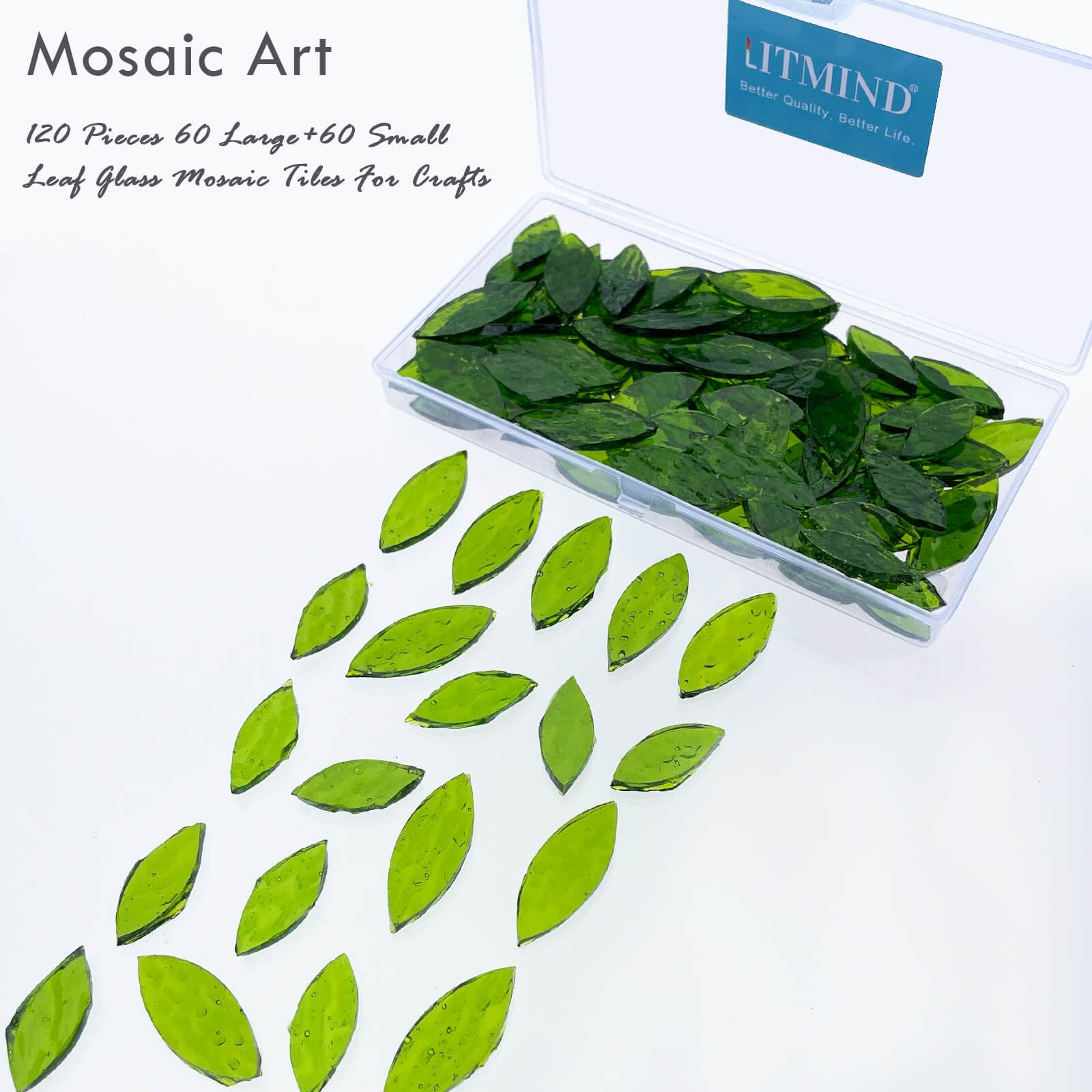 LITMIND 120 Pieces Olive Green Textured Transparent Mosaic Glass Petals & Leaves in 2 Sizes, Hand-Cut Stained Glass Mosaic Tiles for Crafts - Ideal for Mosaic Art Projects and Home Décor