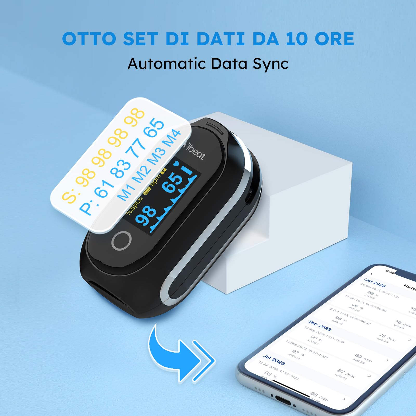 Vibeat Sleep Pulsossimetro da dito Bluetooth con Modalità Continua, Pulsossimetro Ricaricabile con 8 * 10 ore di Registrazione dati, con Sincronizzazione Automatica dei Dati