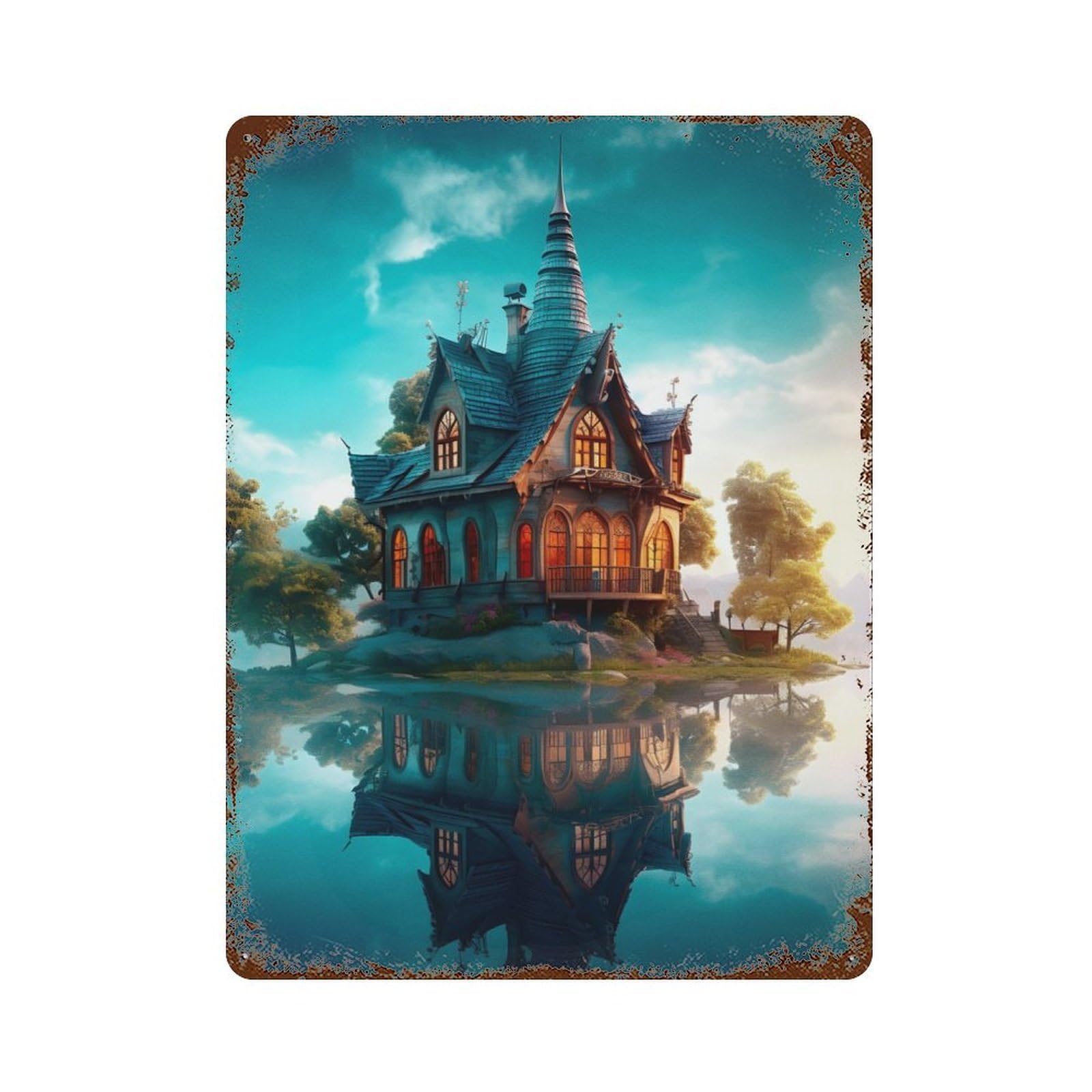 Weathered Tin Sign with Surral Castle Reflections Design 15.7"x11.8", for Garage, Bar And Workshop Decor, Decorative Metal Wall Art