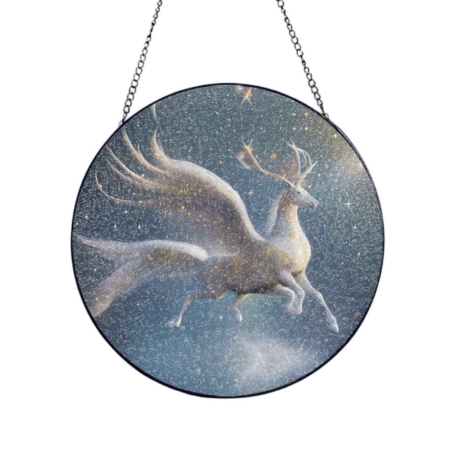 Poezjzw Stained Glass Window Hanging - Starry Sky Running Deer Sun Catcher For Door Garden Home Decor Christmas Mother'S Day Birthday Gifts 12in（30cm）