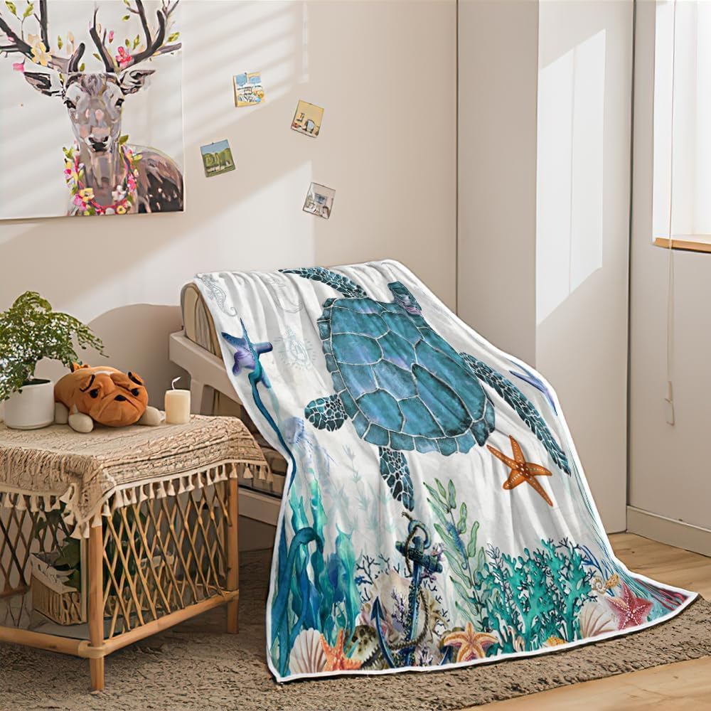 Sea Turtle Blanket Gifts for Women Kids, Beach Ocean Animal Theme Soft Flannel Blanket, Cozy Plush Turtle Decor for Travelling Camping Sofa Couch Bed Birthday Gifts Throw Blanket 60X70IN - Image 3