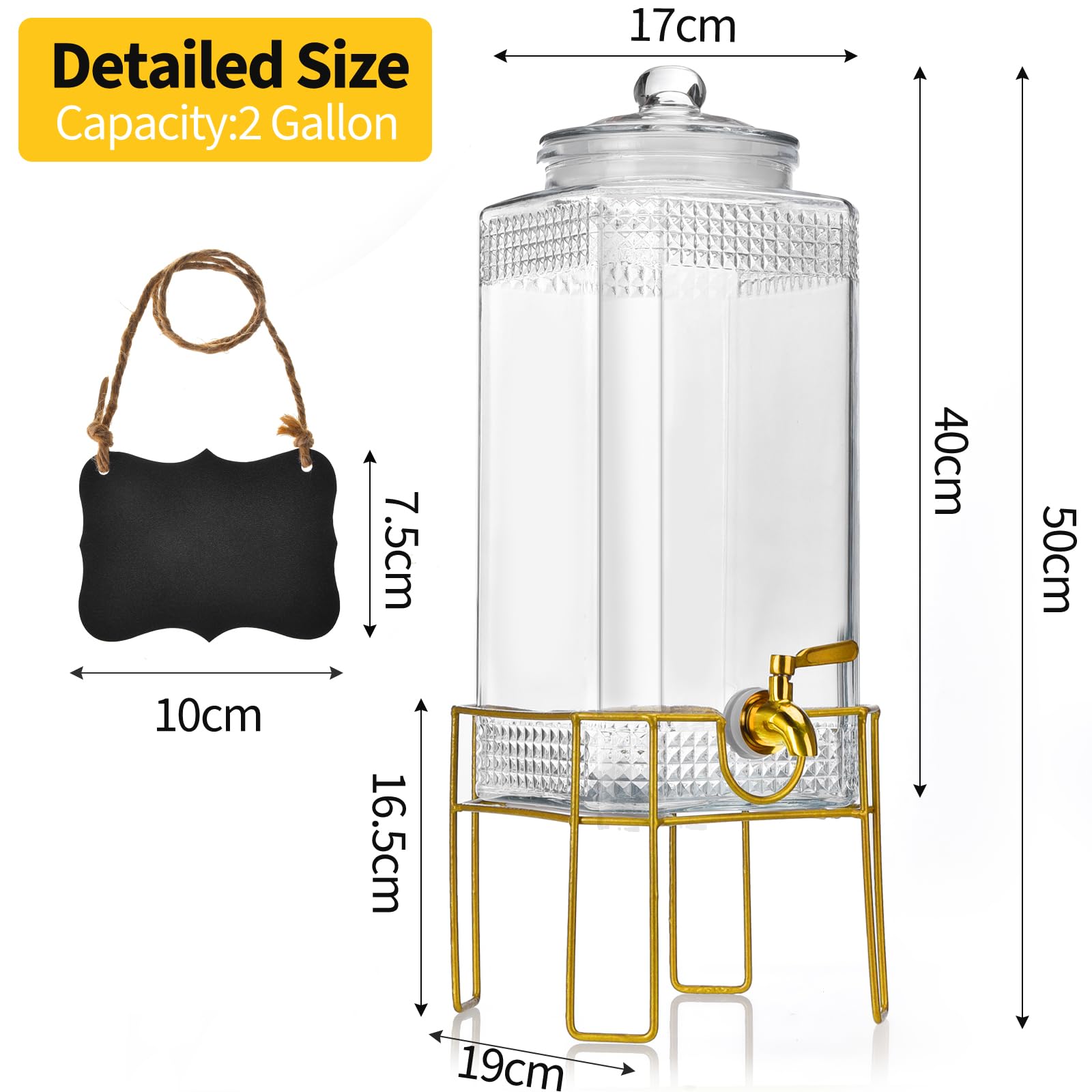 Dispensador de bebidas, dispensadores de bebidas de 2 galones para fiestas, dispensador de bebidas con soporte, tapa de vidrio y espiga de acero inoxidable a prueba de fugas, ideal para limonada,