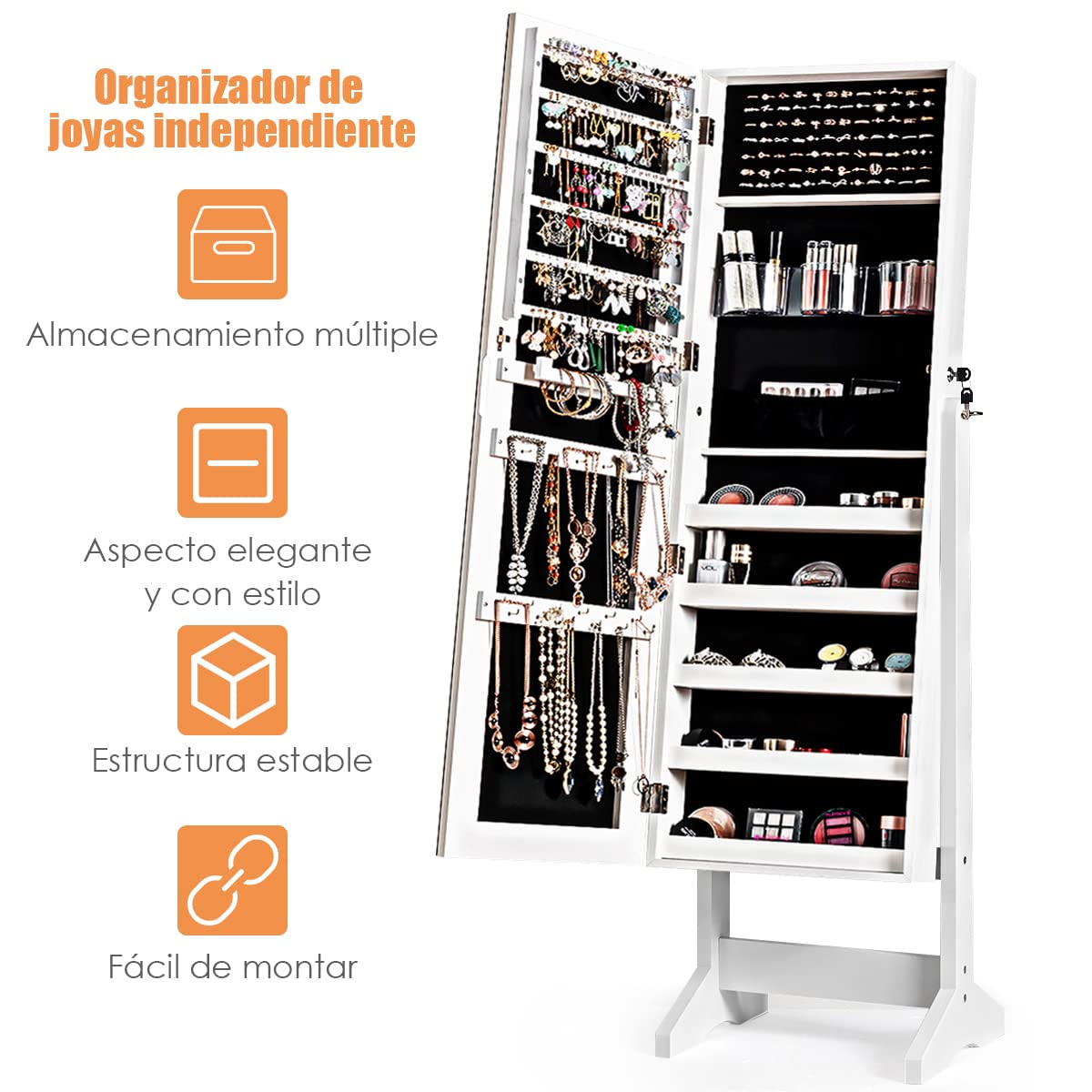 COSTWAY Armario para Joyas con Espejo de Cuerpo Entero, Armario Vertical Joyero con 120 Espacios, Espejo 2 en 1 (blanco)