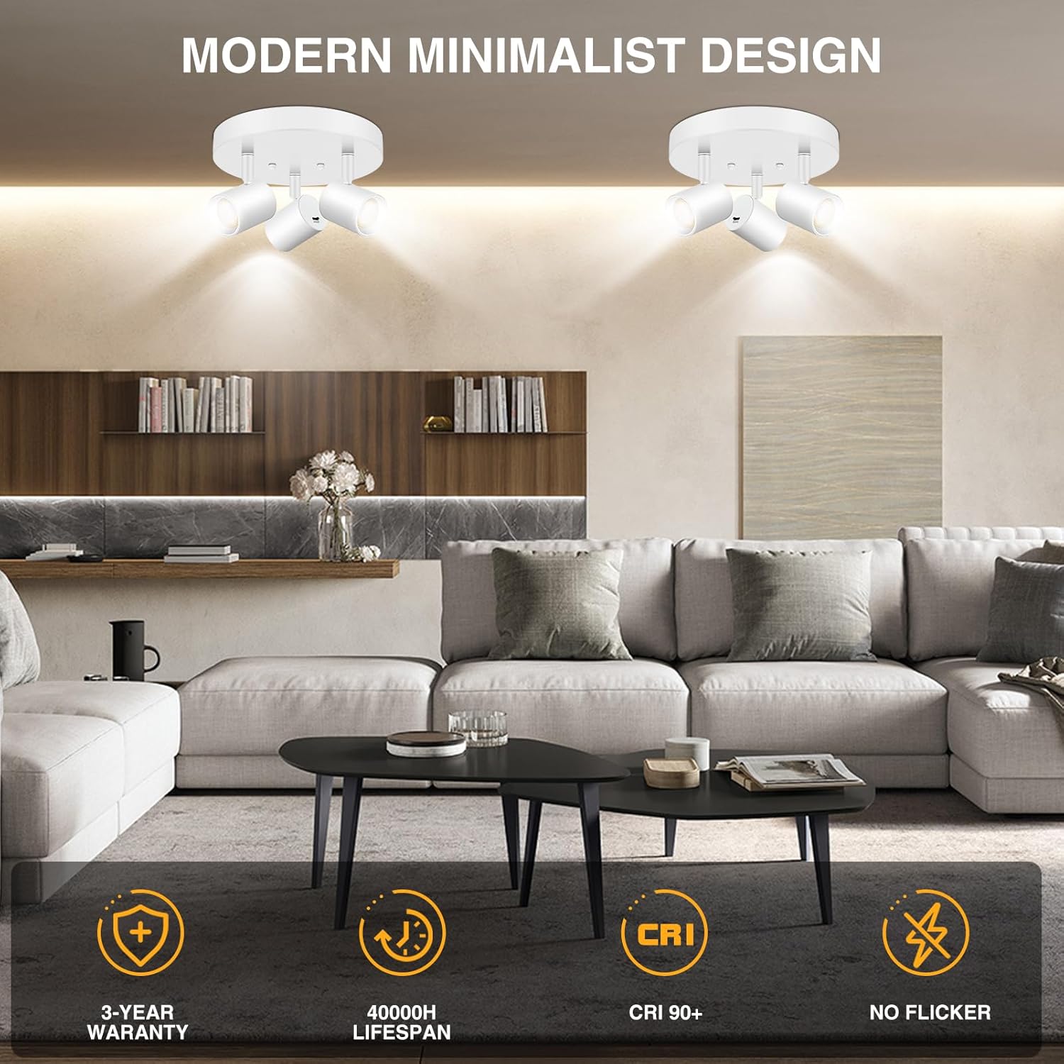 VANoopee 5 Color 3 Light LED Ceiling Spot Light Indoor Flush Mount Directional Adjustable Spotlight Fixtures Close to Ceiling for Kitchen Hallway Modern LED Track Lighting Kit Dimmable 30W Matte White