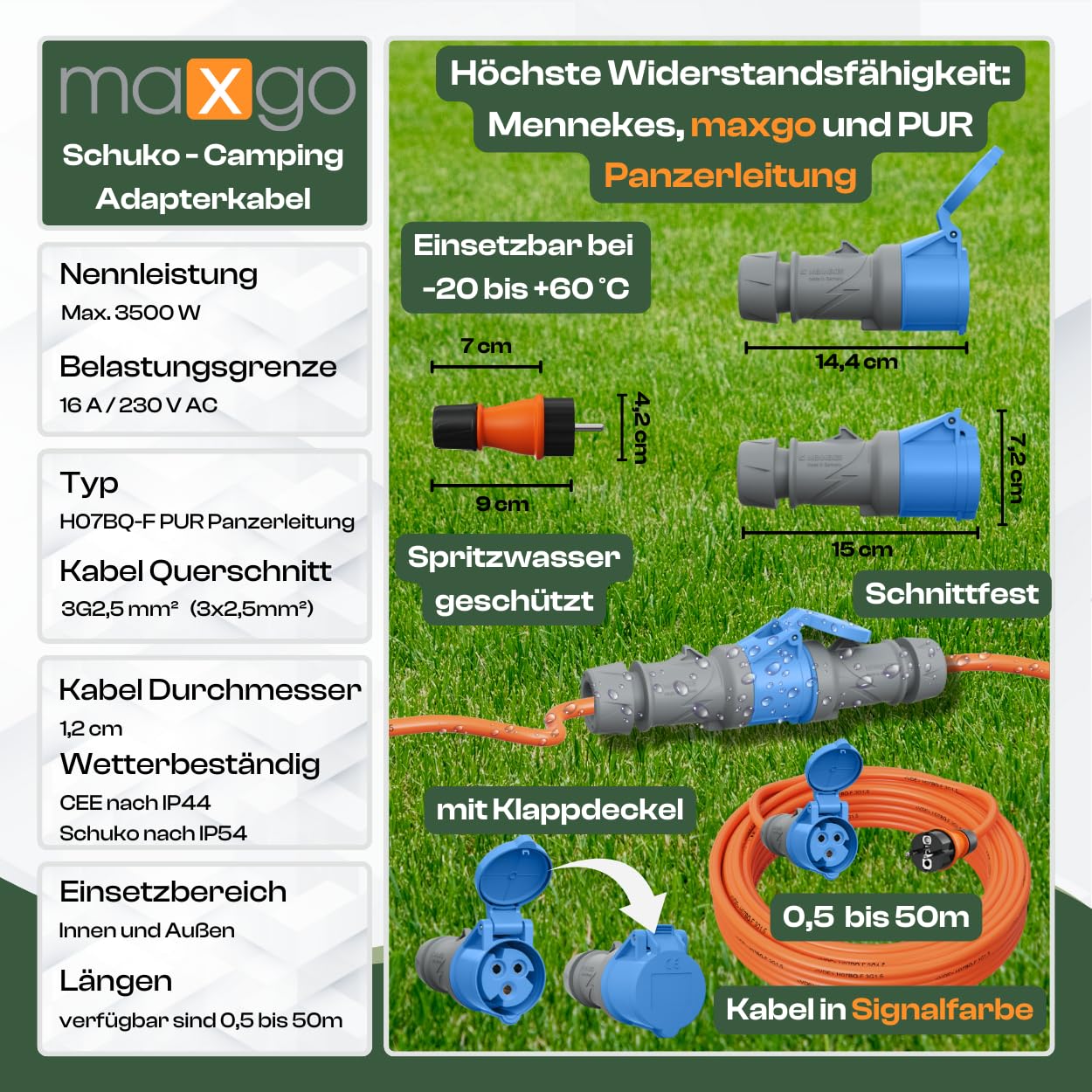 maxgo Camping Adapter Schuko auf CEE – 230V 16A 3x2,5 H07BQ-F Kabel 15m