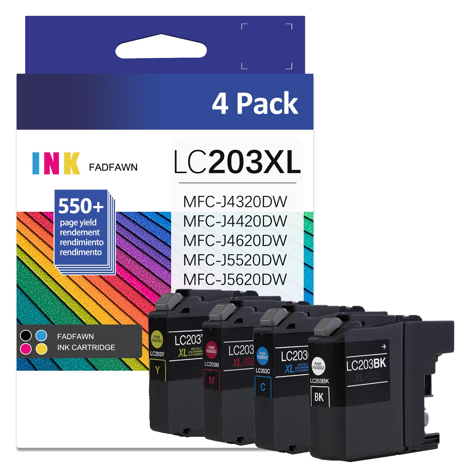 LC203XL High Yield Ink Cartridges 4-Pack (Includes 1×Black, 1×Cyan, 1×Magenta, 1×Yellow) Replacement for Brother LC203 LC201 XL Ink Cartridge Work