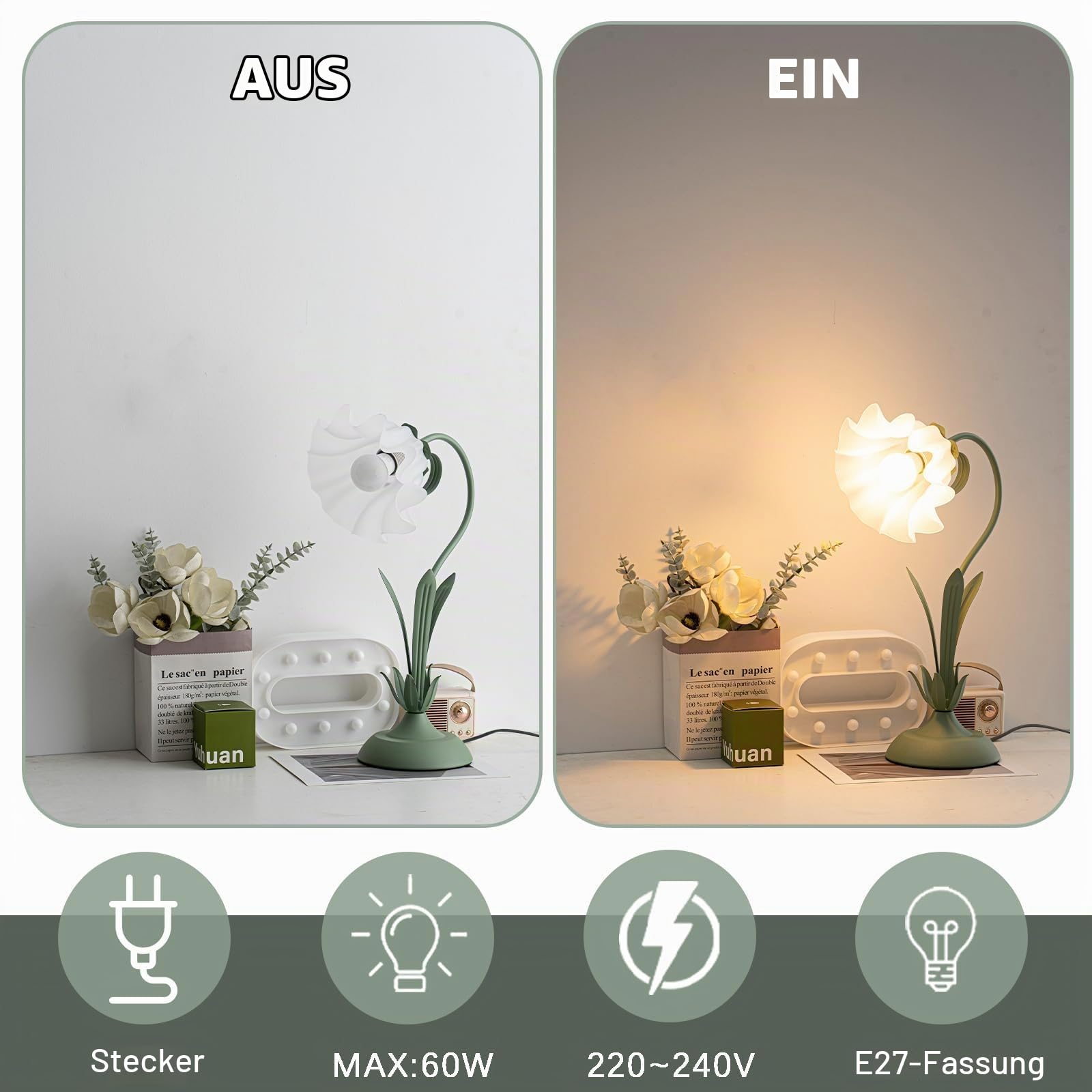 Dimmbare GrüN Nachttischlampe, Acryl Lampenschirm,H50cm | Schreibtischlampe Kinder Mit Maiglöckchen,Retro Leselampe Für Schlafzimmer Mädchenzimmer Schlafsaal Studie,Tischlampe