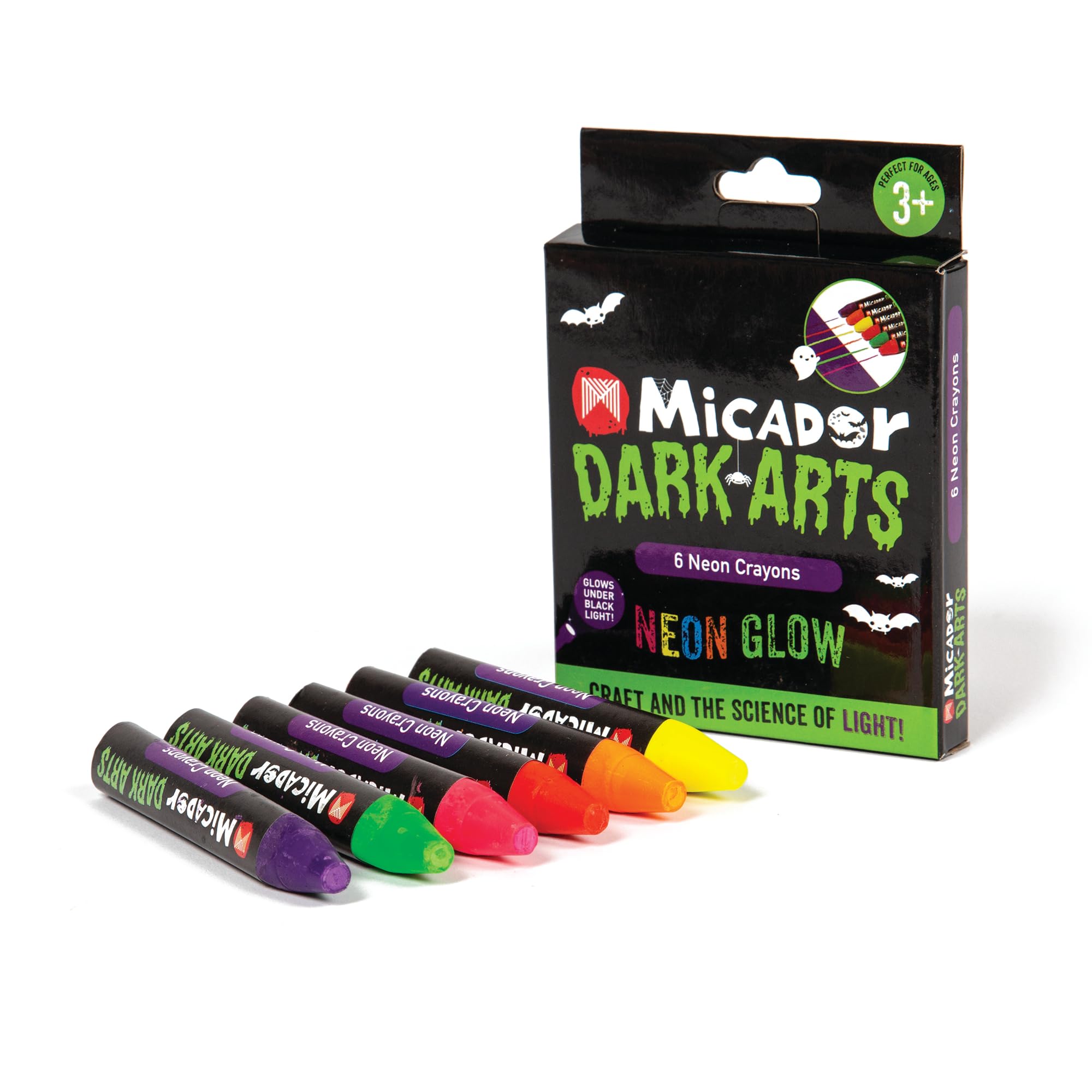 Micador Dark Arts Neon Glow Crayons Pack - 6 Crayons - Triangle grip - Made with beeswax - Neon coloring + drawing - Glows under blacklight - Ages 3+