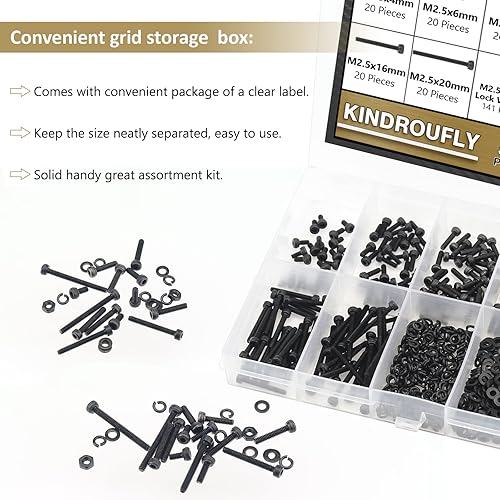 Miniatura 5 de Kindroufly Juego de 562 piezas negras M2.5 x 46 81012160.787 in, tornillos de cabeza hexagonal, tuercas y arandelas surtidas, acero de aleación de
