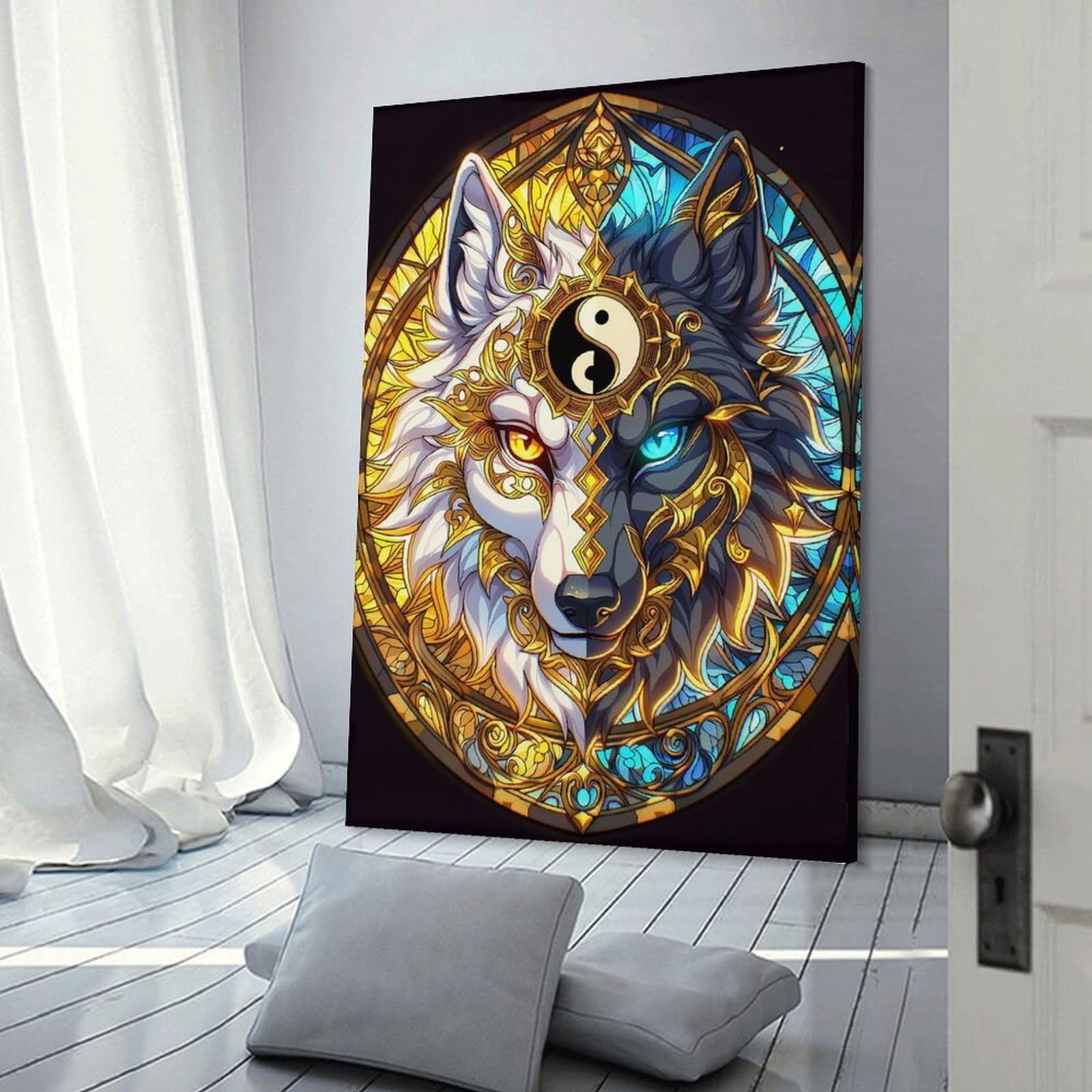 Junmoney Frame-Style-19 Yin Yang Wolf Stained Glass Room Decor Wall Art, 12X18inch(30X45cm), For Living Room, Bedroom, Office Or Hallway, Decorative Artwork With Broad Appeal