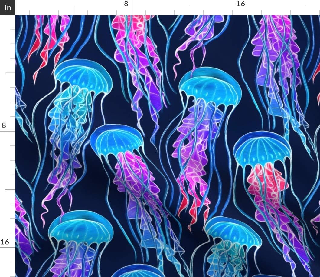 Spoonflower Fabric - Rainbow Jellyfish Navy Blue Large Sea Ocean Neon Life Underwater Printed on Petal Signature Cotton Fabric by The Yard - Sewing Quilting Apparel Crafts Decor