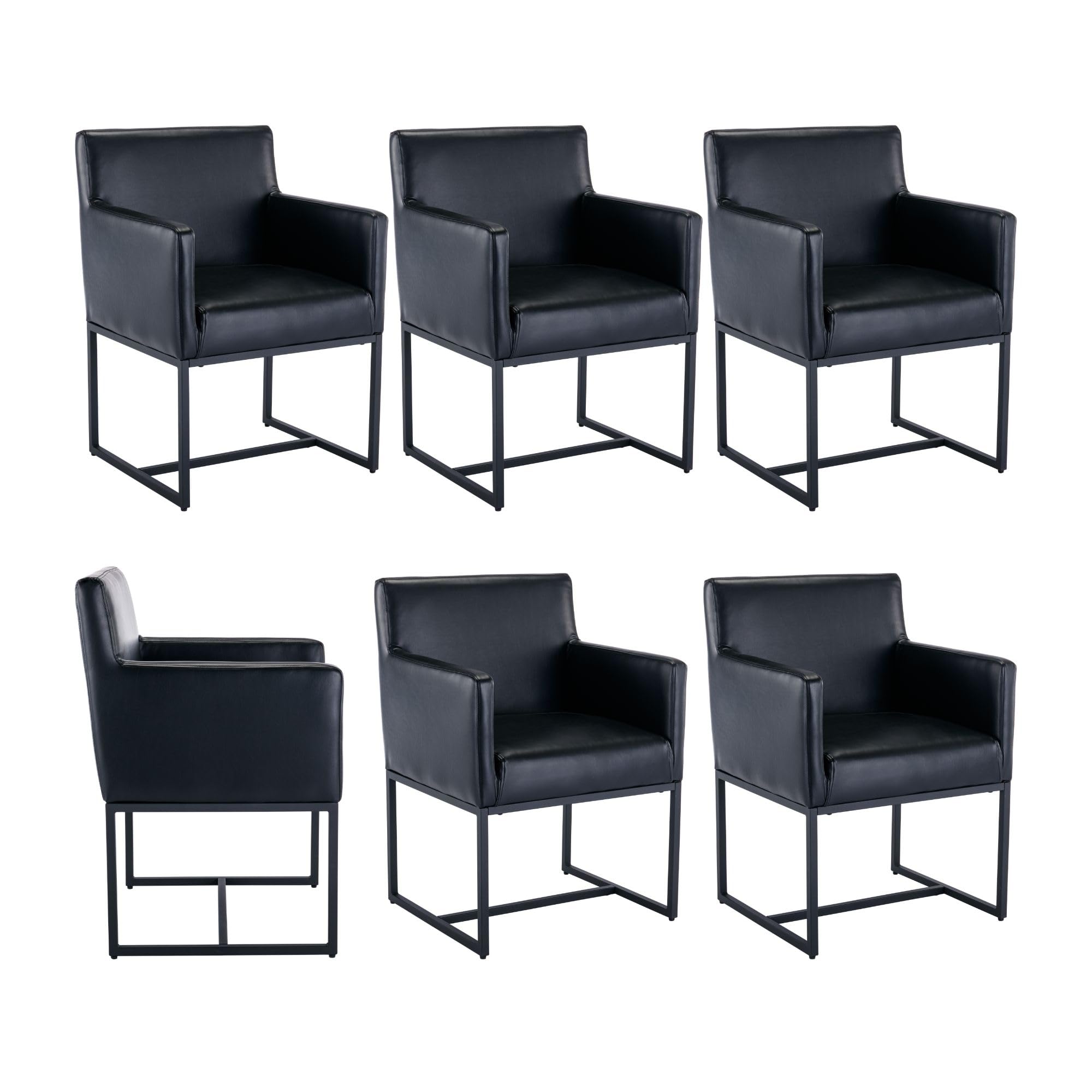 BESTANO Set of 6 Upholstered Dining Chairs with Armrest, PU Leather Modern Accent Armchairs, Kitchen & Dining Room Chairs Side Chairs, Black