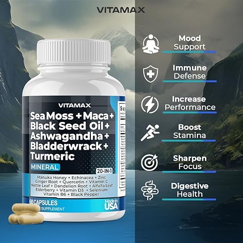 Miniatura 2 de Musgo marino de 3000 mg de maca, 1000 mg de aceite de semilla negra, 2000 mg de Ashwagandha, 1000 mg de vejiga, cúrcuma, manuka, saúco, vitaminas C