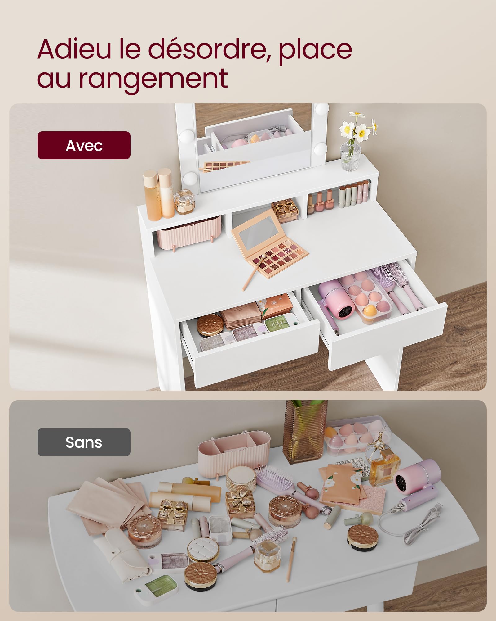 VASAGLE Kailyn Collection - Coiffeuse, Miroir LED, Éclairage 3 Couleurs Réglable, Table de Maquillage avec Miroir, 2 Tiroirs et 3 Compartiments, Coin Beauté, Style Moderne, Blanc RDT114WB01