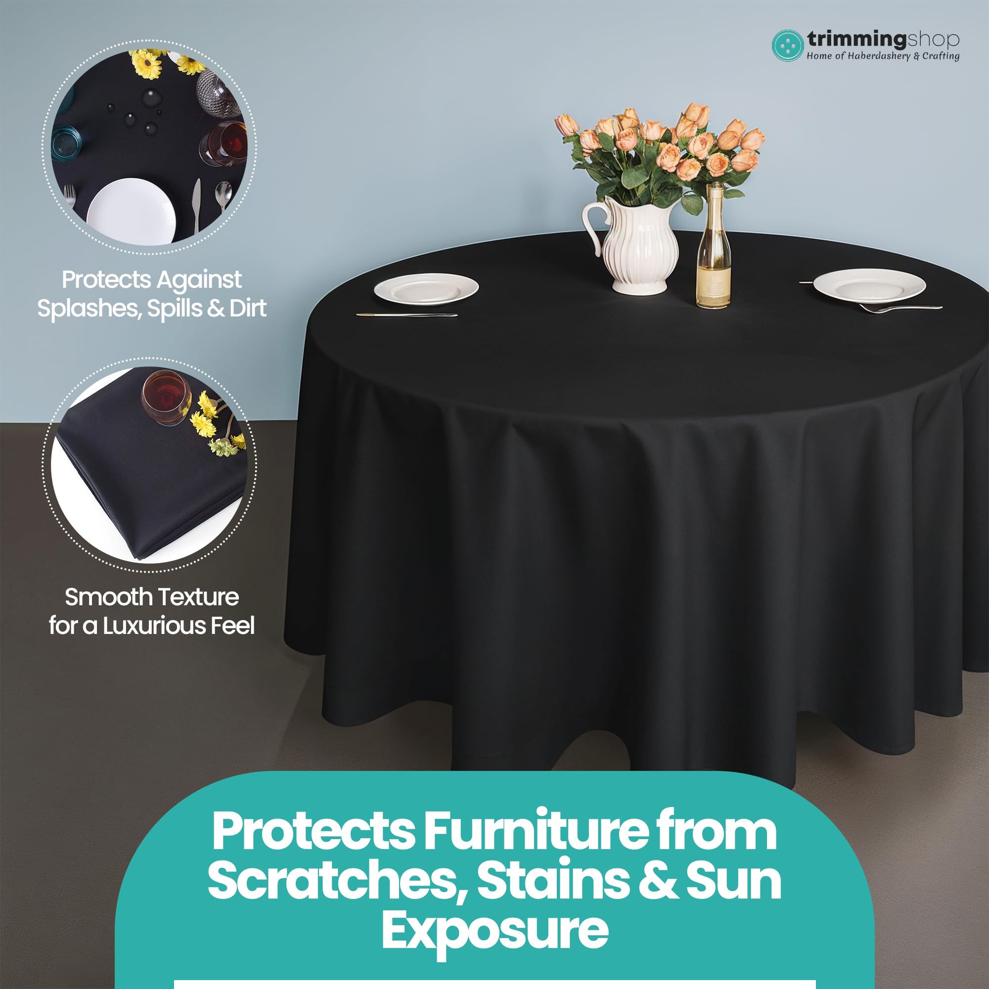 Trimming Shop Mantel Redondo de poliéster Negro, Mantel de Lino de de 120 Pulgadas, Mantel de Tela Lavable para Bodas, Mesa de Comedor, 5 Piezas