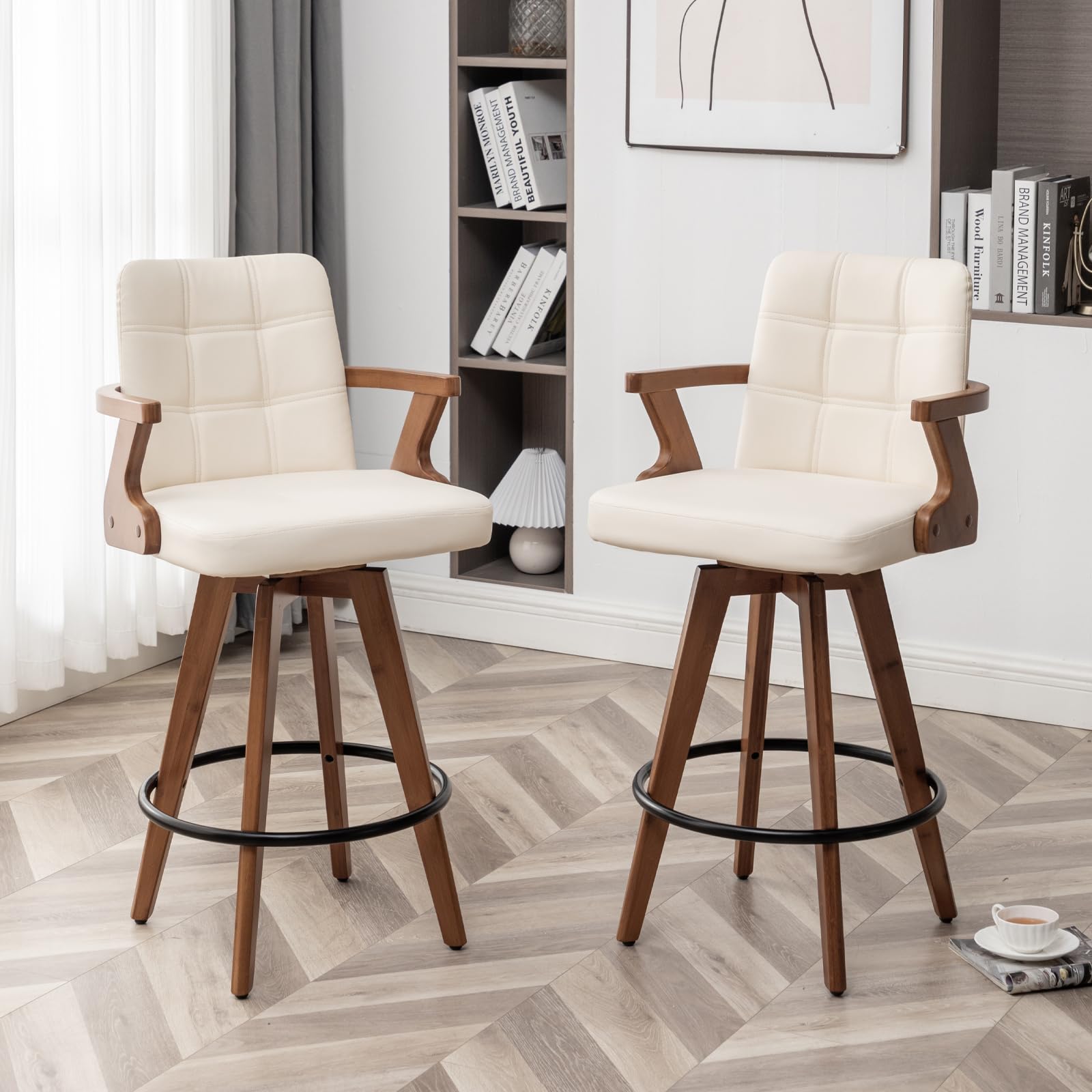 MEKLIBA 30” Bar Height Bar Stools,Leather Upholstered Bar Chair, Swivel Bar Stools with Back and Arms?Modern Beige Barstool Set of 2 for Kitchen Island