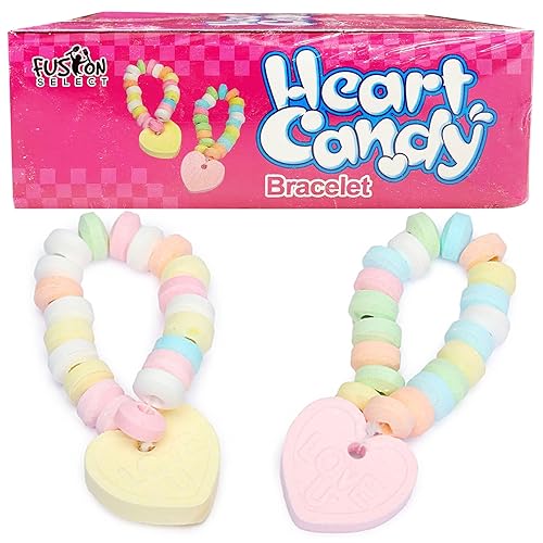Fusion Select Paquete de 96 pulseras de caramelo de color, joyería comestible de caramelo con dije de corazón de amor, dulces para cumpleaños de
