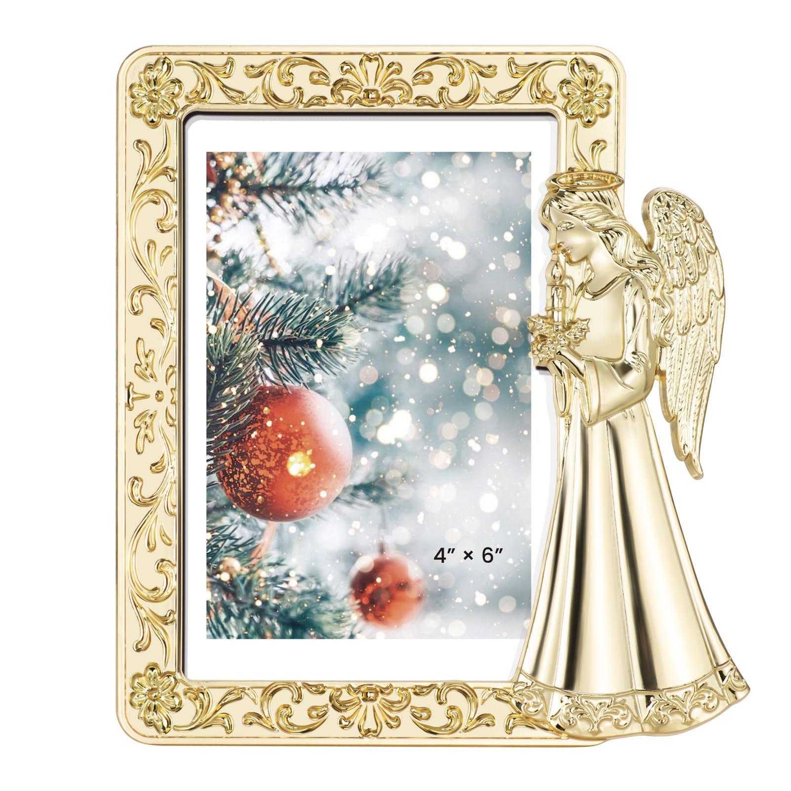 Vintage Style Angel Picture Frame, Gold Floral Border, 4x6 Inch, Tabletop Display, Decorative Religious Home Decor