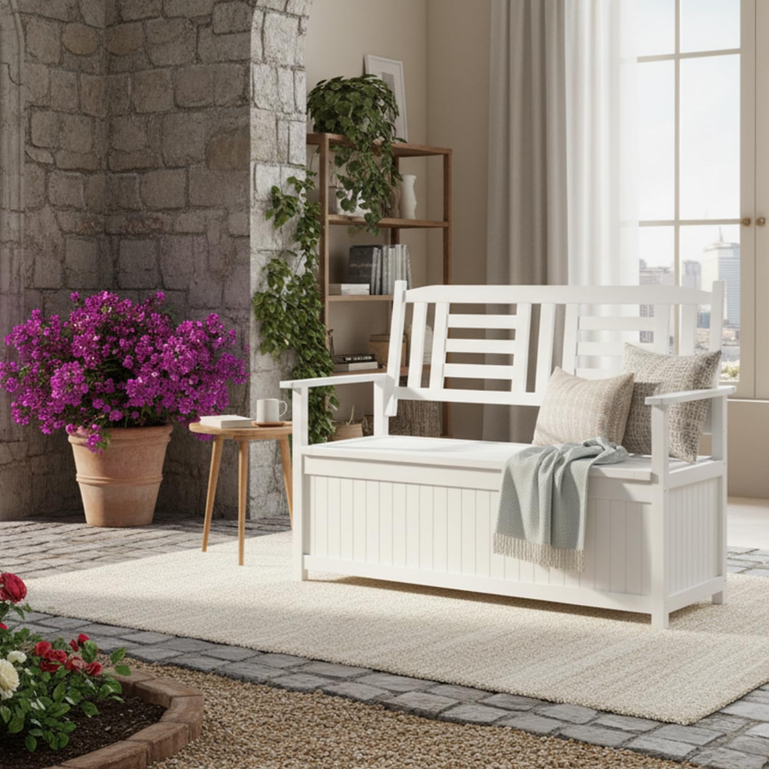 GOPLUS Banco de Jardín para 2 Personas con 185 l de Espacio de Almacenamiento, Banco Cofre de Madera Maciza de Álamo, Banco para Balcón con Capacidad hasta 250 kg, para Balcón y Jardín (Blanco)