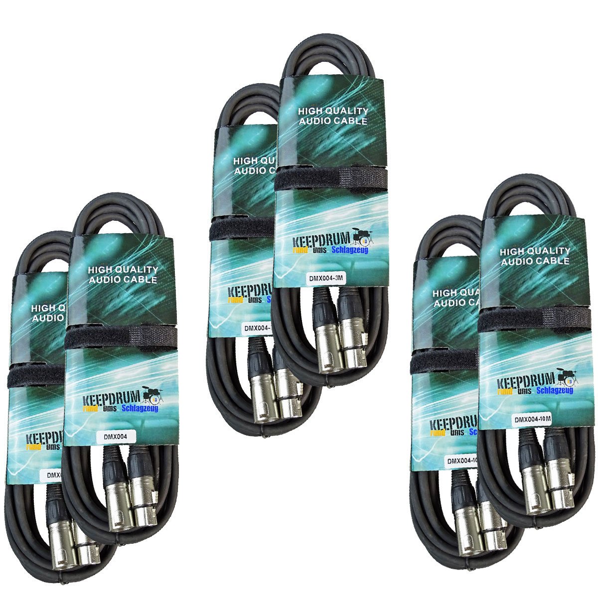 keepdrum DMX-Kabel Set 3-pol XLR 100 Ohm je 2 Stück 3m/10m/15m