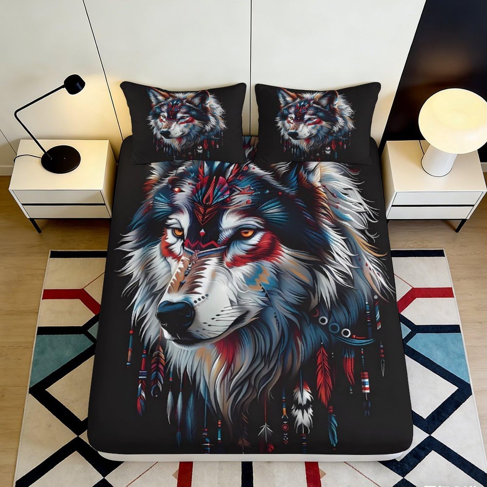 Uynsixtme Style-4 3D Printed Wolf Fitted Sheet Microfiber Deep Pocket Home Bedroom Bedding Non-Slip Wolf Mattress Fitted Cover Elastic Hem 200X200x25cm
