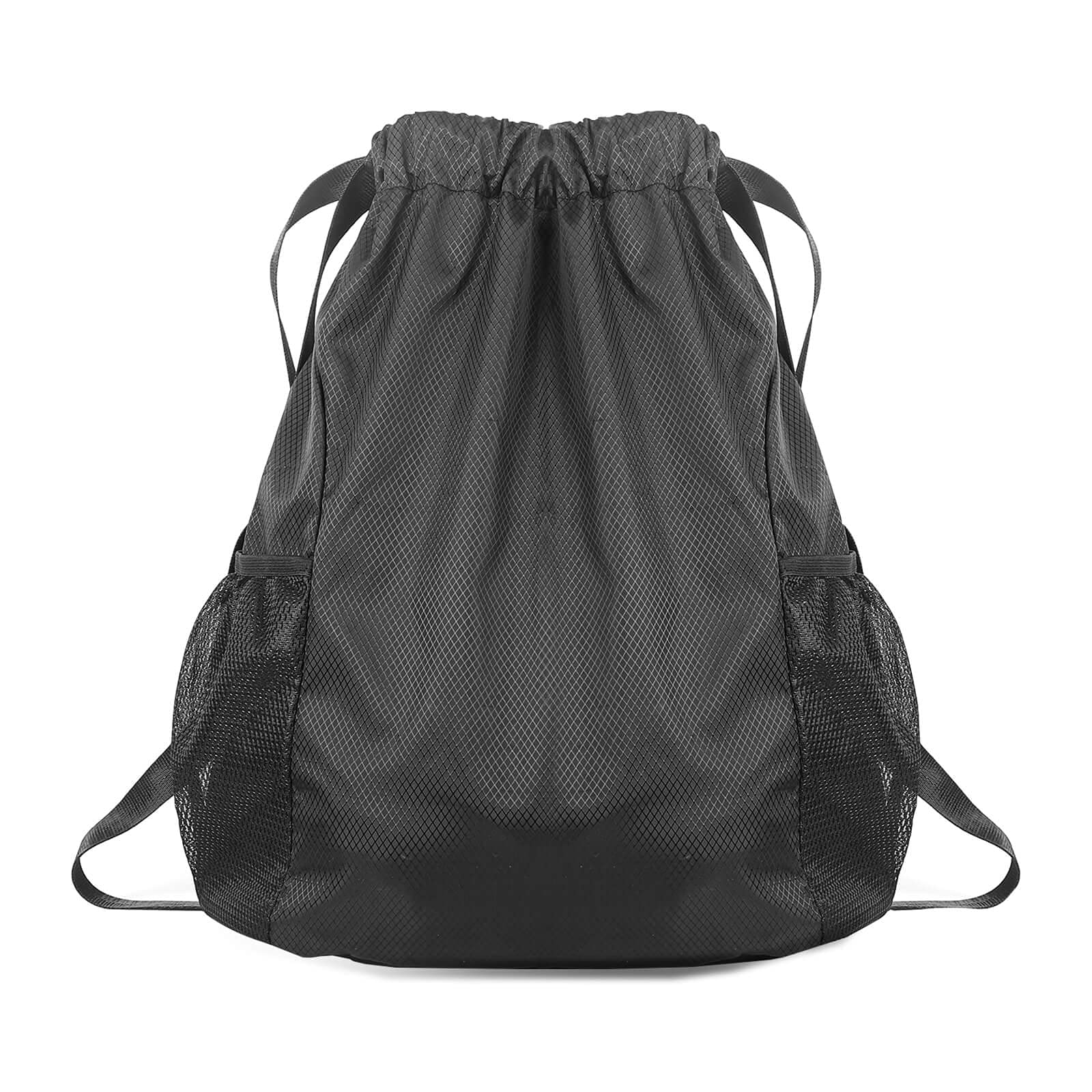 BOENFU Drawstring Backpack Lightweight Swim Backpack Waterproof Drawstring Bag with Zipper Pockets, Bottle Holder, Black, W16 X H18 Inches