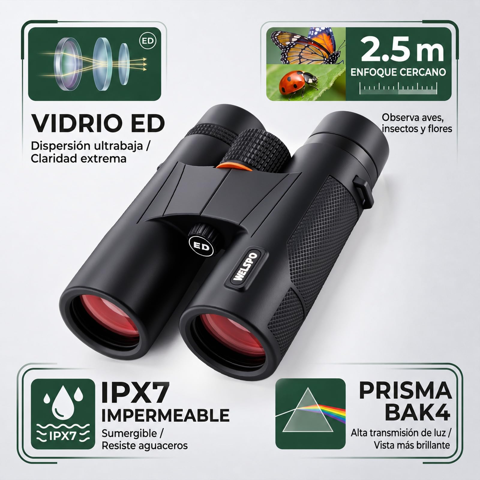 WELSPO Prismáticos 10x42 con Vidrio ED y Prisma BAK4, FMC, IPX7, 2.5m | Imagen Nítida y Brillante en Condiciones de Poca Luz, para Observación de Aves, Senderismo, Caza y Deportes al Aire Libre
