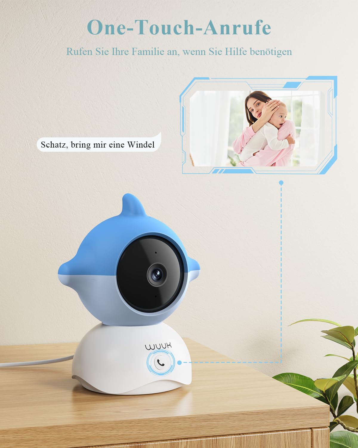 WUUK 2K Babyphone mit 2 Kameras (blau), 5,5 Zoll Display mit 360° Kamera | 135° Weiter Blickwinkel, APP Unterstützen, One-Touch-Anruf, Bewegungs/Geräuscherkennung, White Noise